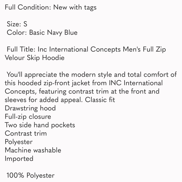 NWT Inc International Concepts Full Zip Velour Skip Hoodie S Basic Navy Blue - Picture 8 of 8